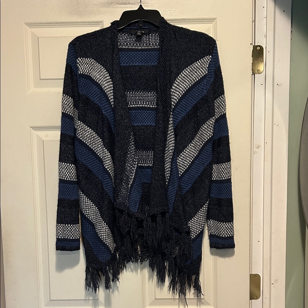 Style & Co. Blue and Black Fringed Flyaway Striped Cardigan Size Medium